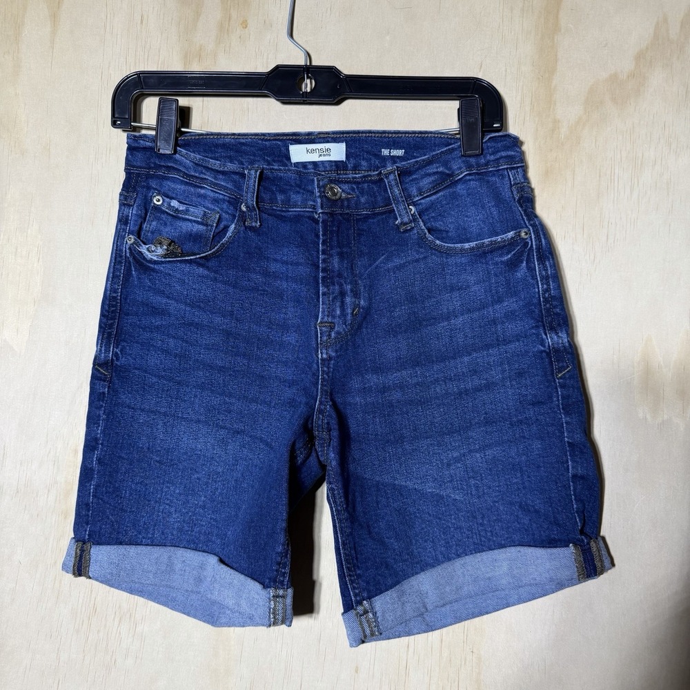 Kensie Jeans The Short Denim Shorts Women's 4/27 Blue Mid Rise Cuffed Stretch